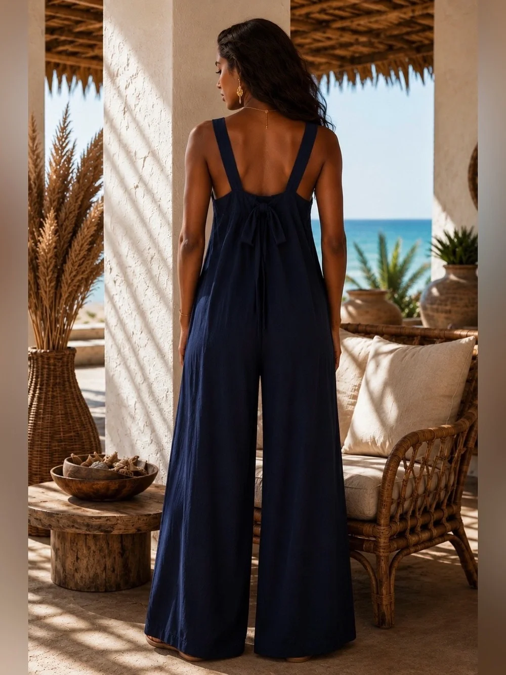 Women's Navy Wide-Leg Linen Jumpsuit with Pockets